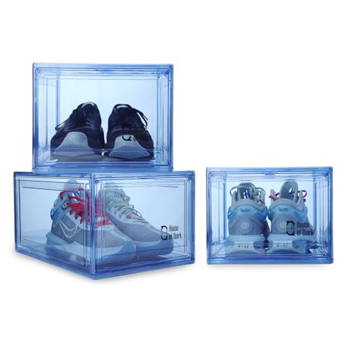 Image of House of Quirk Shoe Organizer, Shoe Storage Boxes, Large Shoe Boxes with Magnetic Door, Clear Stackable Plastic Shoe Containers (Pack of 4, Blue)