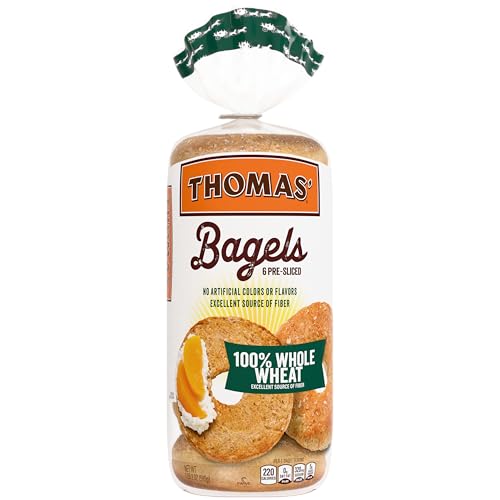 Thomas' 100% Whole Wheat Bagels, 6 count, (3.0 oz each), 55g Whole Grains, Kosher Whole Wheat Bagels, 18 oz Bag
