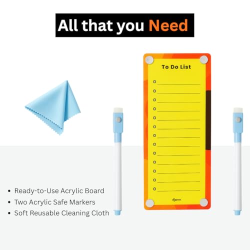 Image of Magnetic Planner Board for Fridge - to Do List | 24x10 cm | Acrylic Writing Board for Kitchen Fridge, Notepad | Reusable Shopping List Board, Checklist with Pen | Orange