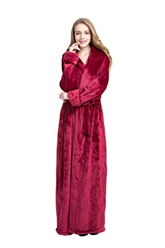 Find Dress Extra Long Plush Fleece Robe Thicken Soft Warm Bathrobe DarkRed-S
