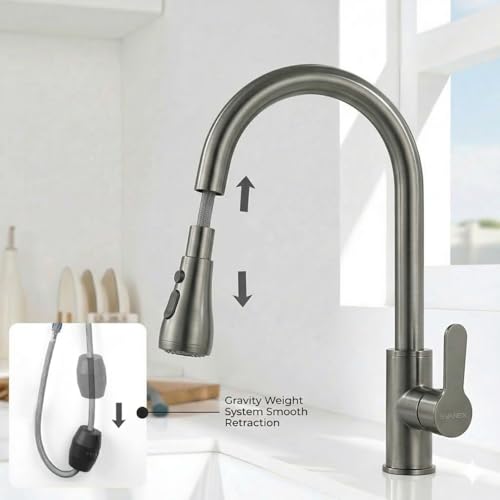 Image of EVANEX Kitchen Facuet | 304 Stainless Steel Pull Out Kitchen Faucet | 360 Degree Rotating Kitchen Tap for Sink | Water Saving Aerated Flow | Deck Mounted Sink Faucet