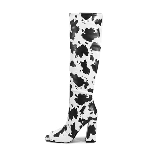 2025 Cow print Silver glitter knee high boots for women High heeled Peep toe side zipper big size Chunky heel boots