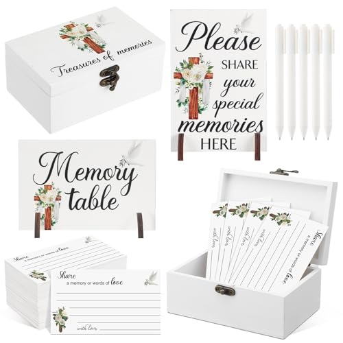 Image of Gilprop 112 Pcs Celebration of Life Memory Cards Set Share a Memory Cards with Box 2 Wood Sign with 4 Hold and 5 Pens, Sympathy Memorial Gifts Funeral Keepsake Decorations(Cross)