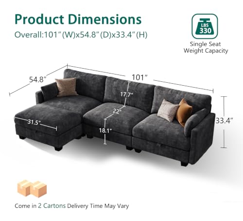 Image of Modular Sectional Sofa, 101 inch L Shaped Couch with Storage | High Resilience Foam, 22 inch Seat Depth, Movable Ottoman, Comfy Chenille, Easy Assembly, Black