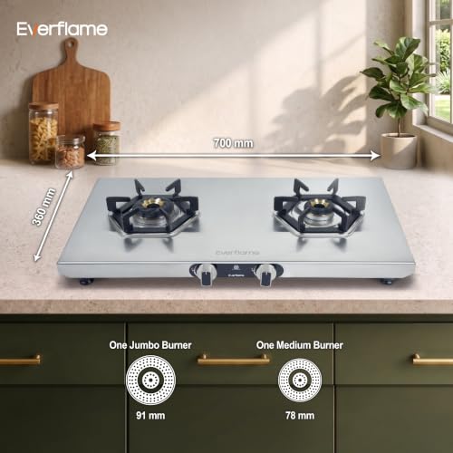 Image of Everflame Hexon 2 Burner Stainless Steel Gas Stove | 2mm Jointless Body | 3D Forged Brass Burners | Euro Coated Pan Supports | Manual Ignition | ISI Certified | 2 Years Manufacturer Warranty