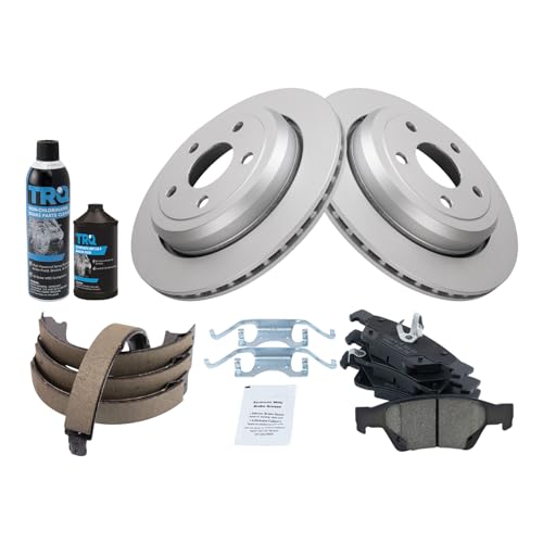 Image of TRQ Rear Brake Pad & Rotor Kit, with Chemical Kit Parking Brake Shoe Set Ceramic Premium G-Coated Compatible with 2011-2019 Dodge Durango Jeep Grand Cherokee