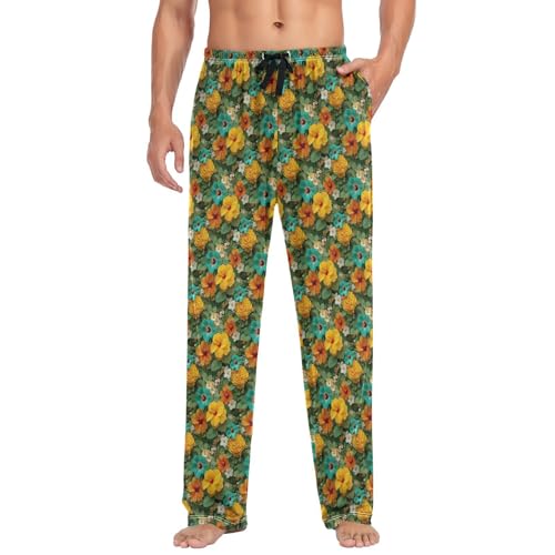 Aflyko Botanic Men's Pajama Pants Hibiscus Flower Hawaii Vivid Cute Pjs Sleepwear Bottoms