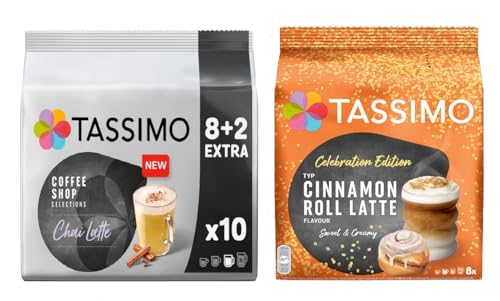 Tassimo Sweet Spice Latte Twin Pack Coffee Shop Selections Chai & Cinnamon Roll Coffee Pods (Pack of 2 Total 18 Drinks)