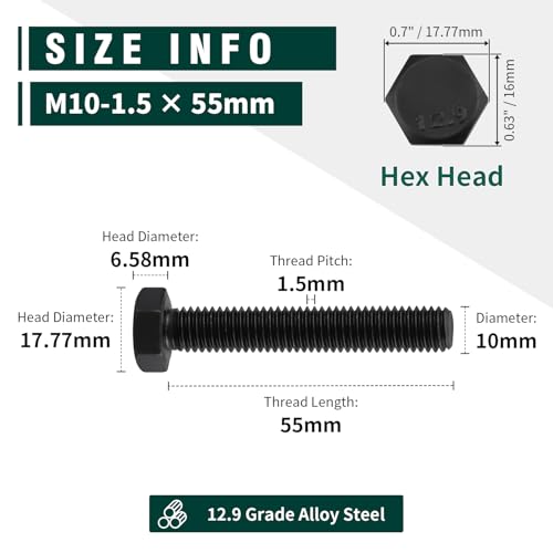 Image of M10-1.5 x 55mm Hex Bolts, High-Strength Metric Class 12.9 Steel Hex Head Screws for Valves Pumps Motors Automotive Suspension Systems, Black Oxide, Full Thread, 10-Pack