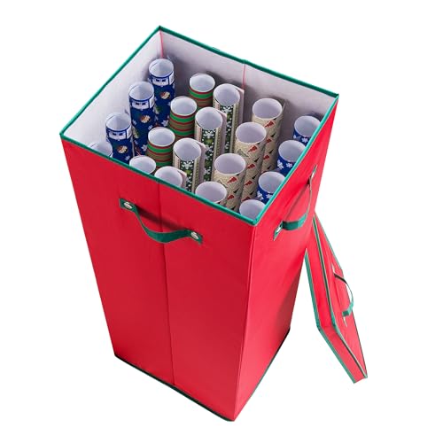 Wrapping Paper Storage Box- Holds 20 Rolls of 30” Gift Wrap-Upright Container with Lid, Dividers & Handles-Christmas & Birthday Wrap by Elf Stor (Red)