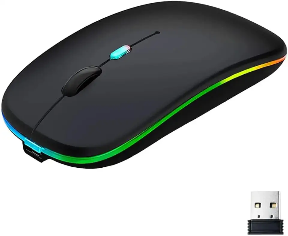 Wireless Bluetooth Mouse, LED Slim Dual Mode (Bluetooth 5.1 + USB) 2.4GHz Rechargeable Silent Bluetooth Wireless Mouse, Computer Mice with USB Receiver(Black)