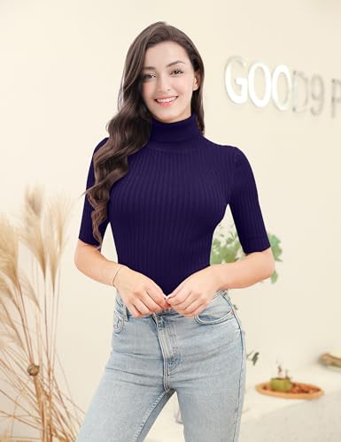 Image of v28 Women Turtleneck 1 /2 Half Sleeve Highly Stretchy Ribbed Knit Fitted Sweater
