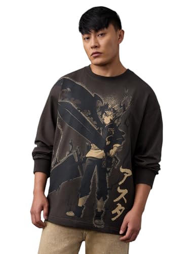 Image of The Souled Store Black Clover: Asta Men and Boys Long Sleeves Round Neck Charcoal Grey Graphic Printed Anime Drop Shoulder Casual Drop Shoulder Oversized Full Sleeve T-Shirt