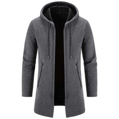 Men's Long Cardigan Hoodies Full-Zip Fleece Lined Sweaters Knit Regular Fit Casual Sweater Hooded Coat wiht PocketGrey-XXL