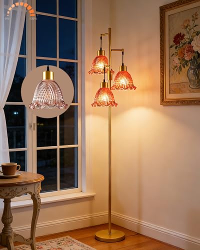 Image of Lightdot Glass Floor Lamps for Living Room, 3-Light Dimmable Floor Lamp with Rose Red Glass Shade& E12 Bulbs Included, Mid Century Standing Tall Lamp with 5Lbs Heavy Base for Bedroom /Sofa Beside-Gold