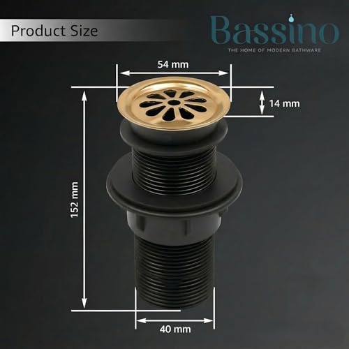 Image of BASSINO 6 Inch Basin Waste Coupling Nylon Thread Body with Brass Jali Head /Heavy Duty Bathroom Sink Drain for Wash Basin /Anti Clog Waste Coupling with Durable Build /Universal Fit Drain(Gold)