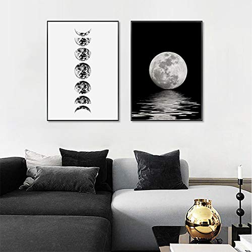 Toile pleine lune noir et blanc pour salon moderne - Lot de 2 affiches murales minimalistes 50x75 cm