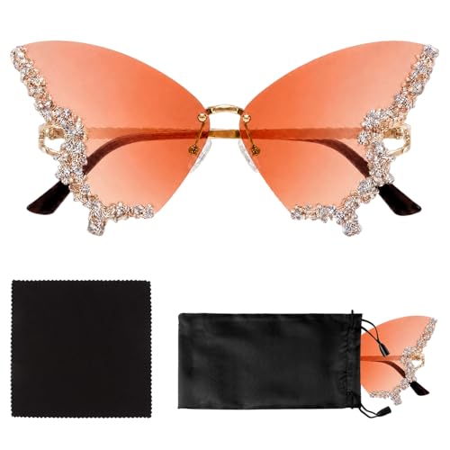 HIVTE Lunettes de Soleil Papillon sans Monture avec Strass pour Femme, Style Vintage Chic, Miroir Dégradé Rose, avec Pochette de Protection