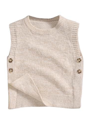 SweatyRocks Girl's Button Split Side Sweater Vest Crew Neck Sleeveless Knit Vest Tops Apricot 8Y