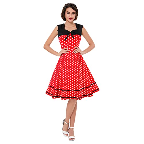 Image of KILLREAL Women's Vintage Polka Dot Print A-Line Pin Up Style Sleeveless Cocktail Party Casual Dress