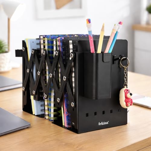 Image of Adjustable Bookend Organizer with Pen Holder | Expandable Desk Bookshelf for Office, Study, and Home | Book Rack Stand for Books, Files & Stationery (Extends Up to 17 Inches) (Black)