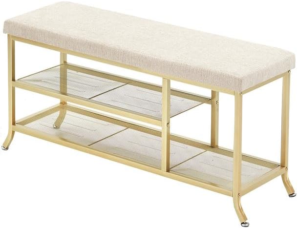 PULLAFUN 3-Tier Shoe Rack for Entryway, Shoe Bench with Foam Padded Seat, Metal Frame, Small Shoe Organizer with Storage for Indoor Entrance Hallway Bedroom Living Room, Gold