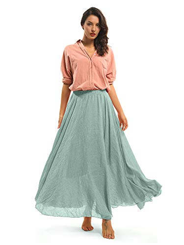 Phorecys Women's Casual Long Maxi Skirt Cotton Elastic Waist Boho Goth Fairy Renaissance Weekend Skirts Dress Light Green 85Cm Length #TOP2