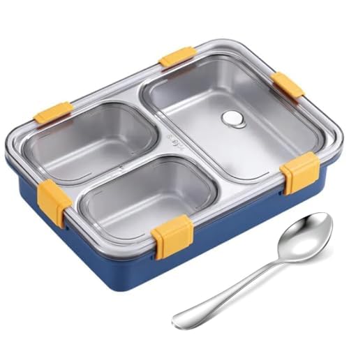 Stainless Steel Lunch Box 3 Compartment 750ML, Leakproof Tiffin Box for Kids & Adults, Durable Food Storage Container for School, Office & Travel with Secure Lid (Blue)