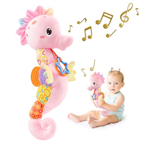 Image of Sumobaby Infant Baby Musical Stuffed Animal Activity Soft Toys with Multi-Sensory Crinkle, Rattle and Textures, for Tummy Time Newborn 0-3-6-12 Months Girls,Seahorses, Pink
