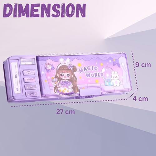 Image of ZAFCO Doll Magnetic Pencil Box for Kids | Password Lock | Geometry for Girls | Compass for School Children | Stationeries Organizer | Birthday Return Gift School Supplies Pack of 1 (Purple)