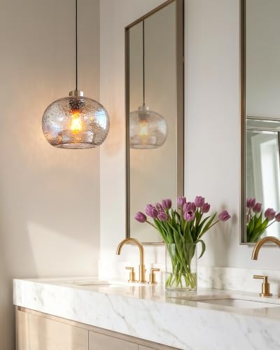 Image of CASAMOTION Handblown Glass Pendant Lighting Drop Ceiling Lights, Modern Rustic Hanging Light Clear Seeded Glass with Black Marble, Brushed Nickel Finish, 8.7 Inch Diameter