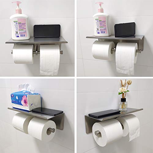 Gzila Double Toilet Paper Holder With Shelf, Bathroom Dual Large Rolls Toilet Paper Holder Wall Mounted Mobile Phone Storage, Tissue Tp Dispenser, Sus304 Stainless Steel Brushed Nickel #TOP3