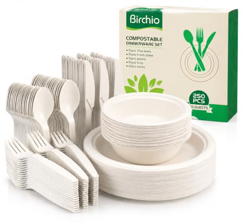 250 Piece (50 Sets) Biodegradable Paper Plates Set (EXTRA LONG UTENSILS), Disposable Dinnerware Set, Eco Friendly Compostable Plates & Utensil include Plates, Bowls, Forks, Knives and Spoons