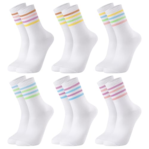 Jspupifip 6 Pair Retro Striped Socks for Women, Vintage Soft Comfortable Tube Fashionable Casual Crew Calf Sock for Girls and Ladies
