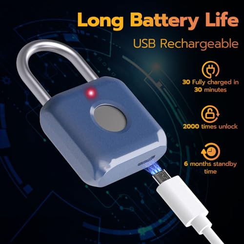 Image of Pothunder Fingerprint Padlock, Smart Padlock, Locker Lock, Biometric Metal Keyless Fingerprint Lock, USB Rechargeable, for Gym Locker, Luggage, Backpack(Blue)