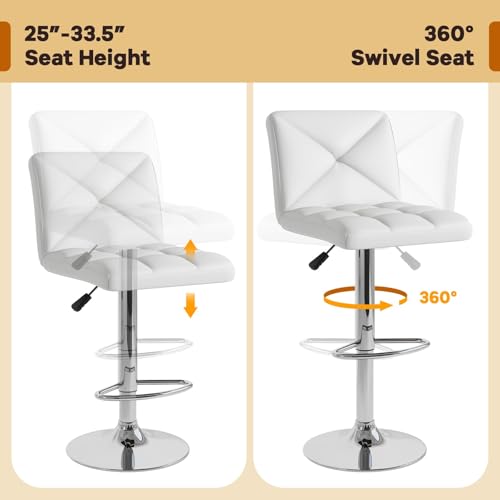 ERGOMASTER Sillas de Bar Giratorias Set de 2, Altura Ajustable, Tapizado en CUero PU, Base Metálica y Reposapiés, Silla Moderna para Isla de Cocina y Comedor (Blanco) miniatura 5