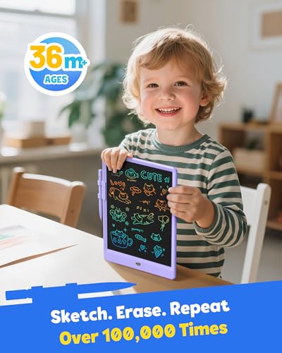 Image of TEKFUN LCD Writing Tablet for Kids, 10-inch Coloring Drawing Pad, Mess Free Doodle Board, Airplane Travel Toys for Boys and Toddlers, Road Trip Essentials, Gifts for 3 4 5 6 7 8 Year Old Girls(Purple)
