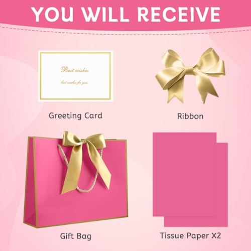 Image of JMANNI Mothers Day Gift Bags with Handles, 13 inch Medium Gift Bag for Presents, 1 Pcs Bags with 2 Tissue Paper and 1 Cards for Baby Shower Wedding Bridal Shower Mother's Day Birthday Party (Magenta-Gold