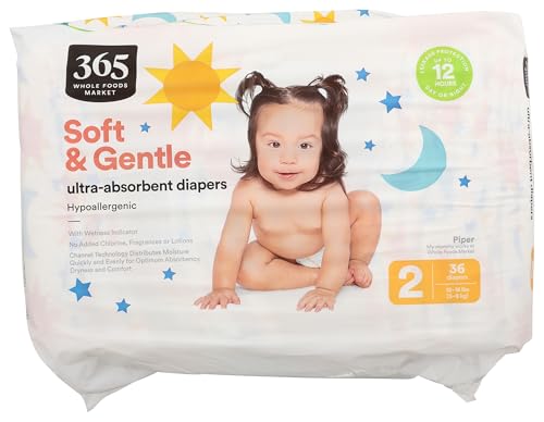 Image of 365 by Whole Foods Market, Soft & Gentle Size 2 Diapers with Wetness Indicator, Ultra-Absorbent, Hypo-Allergenic, 36 Count