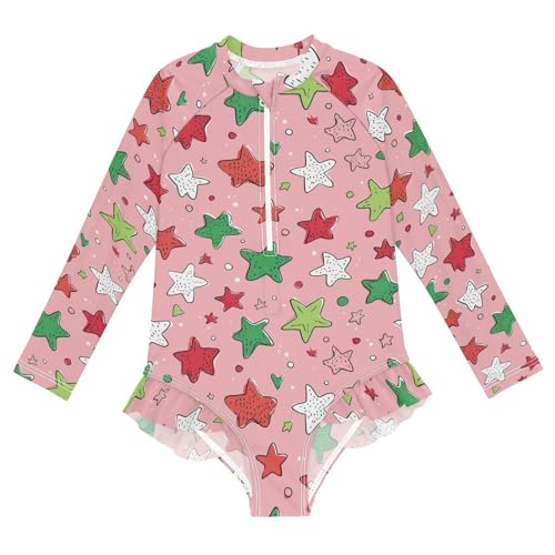 Star Pattern on Pink Girls Rash Guard Swimsuits Long Sleeve One Pieces Bathing Suit UPF 50+ Zipper Swimwear