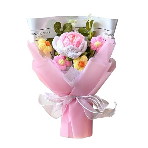 Crochet Flowers Bouquet 20 x 30cm Handmade Knitted Pink Rose Artificial