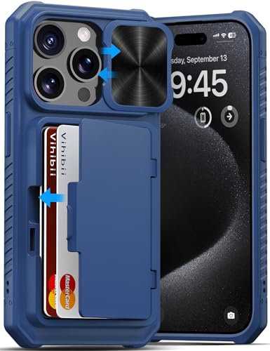 Image of Vihibii for iPhone 15 Pro Wallet Case with Slide Camera Cover & Card Holder (4 Cards) & Kickstand, Hard Case for iPhone 15 Pro 5G 6.1 inch 2023, Blue