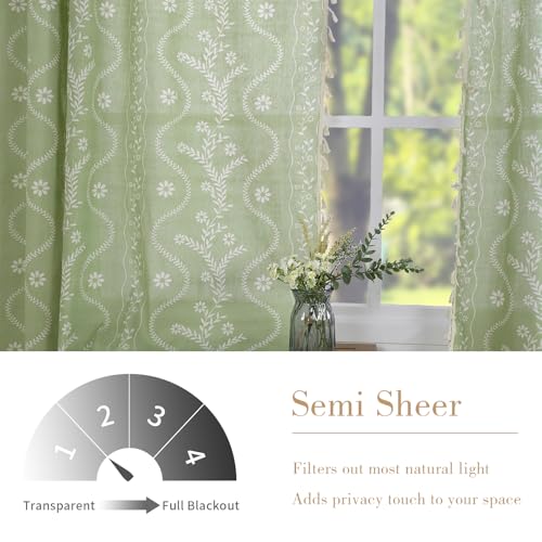 Image of Schweek Boho Curtains 63 Inches Length 2 Panels for Living Room Sage Green | Linen Semi Sheer, Vintage Floral Bohemian Tassel Western Farmhouse Curtain Drapes for Bedroom, Dining Room, Kitchen 52 inchx 63 inch