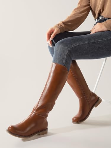 Image of Shoe'N Tale Women's Knee High Boots Flat Low Heel Stretchy Round Toe with Side Zipper