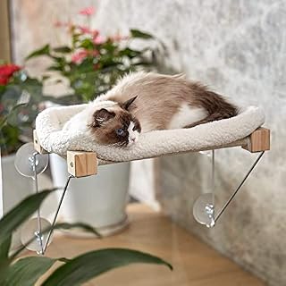 Cat Window Perch + Plush Bed, GIOPACO All Around 360°Sunbath and Lower Support Safety Iron Cat Hammock Window Seat with Strong Suction Cups Sturdy Heavy pet bed for Indoor Cats, Easy to Assemble