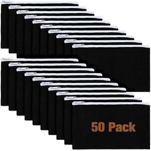 Image of Frienda 50 Pcs Canvas Zipper Pouch Bulk Gift Small Blank Pouch Makeup Bag Cosmetic Toiletry Bag Appreciation Gift for DIY Craft Projects Employee Coworkers Staff Team(Black with White Zipper)