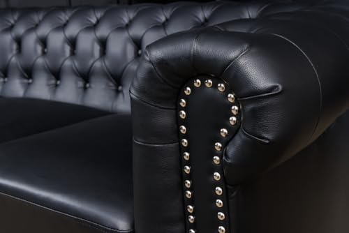 riess-ambiente.de Chesterfield 3-Sitzer Sofa 205cm schwarz Kunstleder Nietenbesatz Federkern