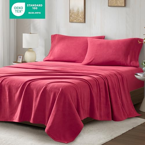Image of True North by Sleep Philosophy Micro Fleece Bed Sheet Set, Warm, Sheets with 14 inch Deep Pocket, for Cold Season Cozy Sheet-Set, Matching Pillow Case, Twin, Red, 3 Piece