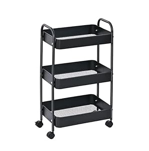 MAGNA RETAIL 3-Tier Slim Metal Trolley on Wheels | Storage Shelves | Makeup Storage | Cleaning Trolley | Shelves Unit | Utility Cart | Cleaning Caddy | Metal Rolling Cart (Black)