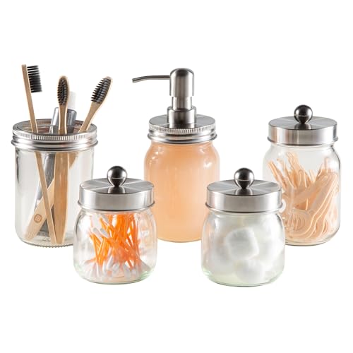 Mason Jar Bathroom Accessories Set – 5-Piece Bathroom Set with Toothbrush Holder, Soap Dispenser, Canister, and 2 Small Jars by Lavish Home (Silver)